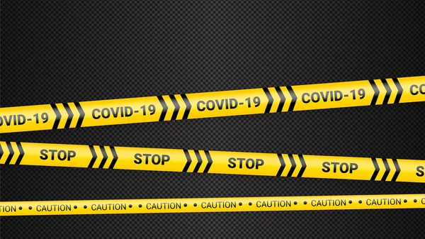 Bande de danger de quarantaine. Ruban d'avertissement jaune Covid 19 et zone de quarantaine. Coronavirus bande de danger covide sur fond transparent foncé. Avertissement de sécurité rayures noires jaunes. — Image vectorielle