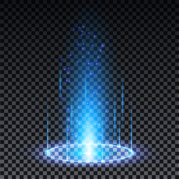 ブルーホログラムポータル。魔法のファンタジーポータル。ホログラム効果を持つ魔法のサークルテレポート表彰台。透明な背景に火花を散らすベクトルブルーの輝き. — ストックベクタ