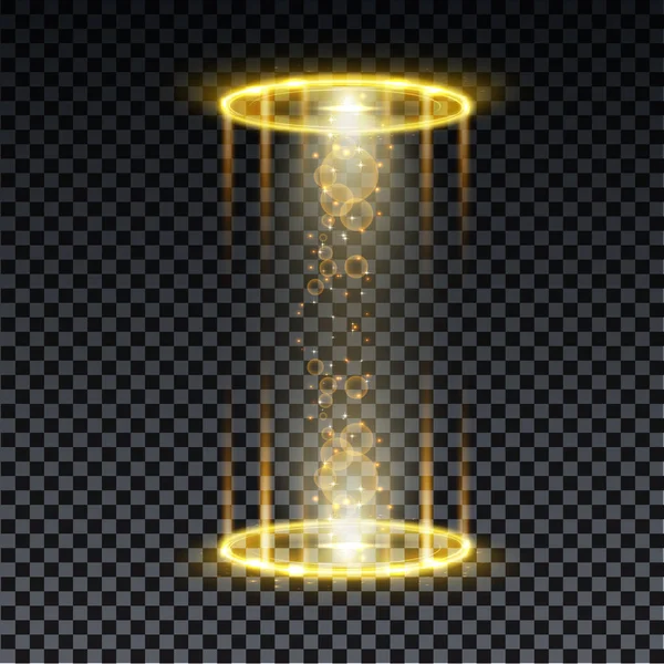 Portail de l'hologramme or. Portail magique. Cercle magique podium de téléportation avec effet hologramme. Rayons lumineux vectoriels dorés avec étincelles sur fond transparent. — Image vectorielle