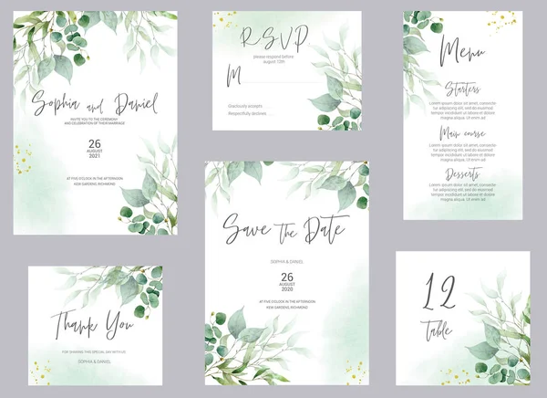 Tarjetas de invitación de boda de acuarela. Cartel verde, invitar. Elegante invitación de boda con elementos florales de acuarela verde y oro. — Foto de Stock