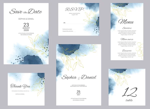 Watercolor wedding invitation cards. Floral poster, invite. Elegant wedding invitation with watercolor splash and gold floral elements.
