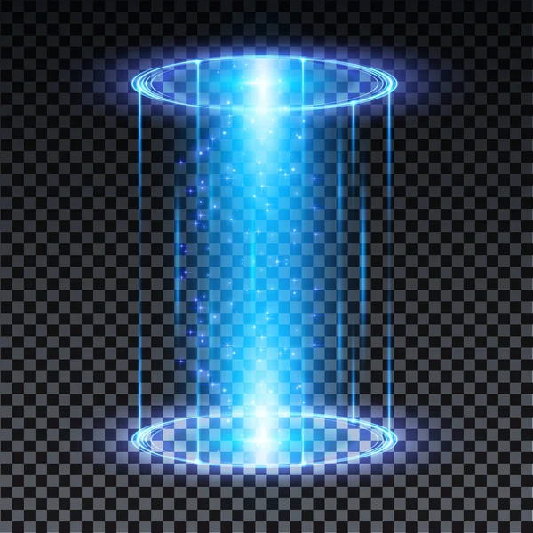 Blue hologram portal. Magic fantasy portal. Magic circle teleport podium with hologram effect. Vector blue glow rays with sparks on transparent background. — Stock Vector