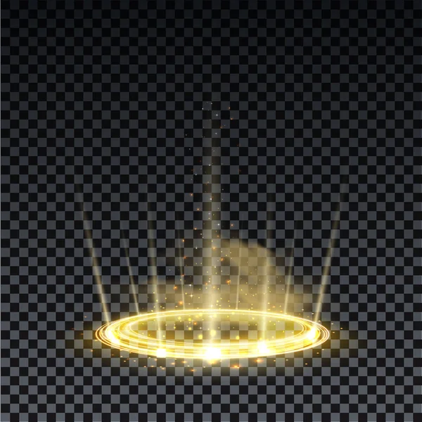 Altın hologram portalı. Sihirli fantezi kapısı. Hologram etkisi olan sihirli daire ışınlanma podyumu. Şeffaf arka planda kıvılcımları olan vektör altın ışınlar. — Stok Vektör