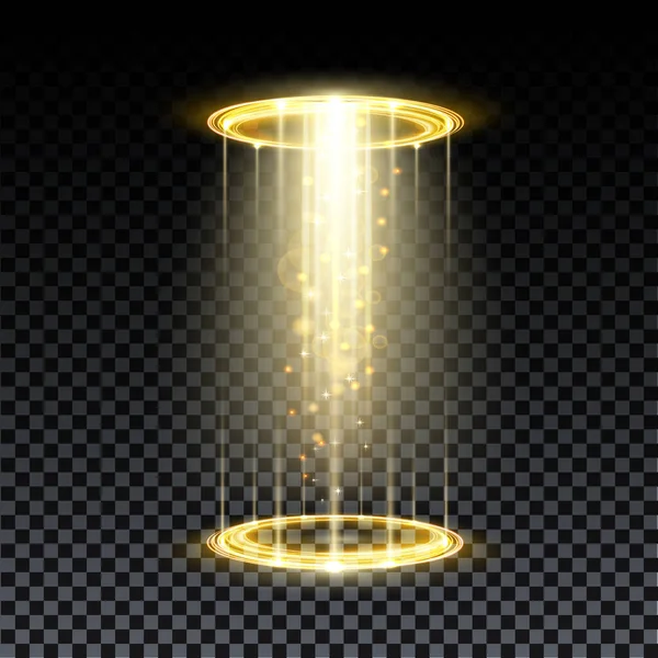 ประตูโฮโลแกรมทอง ประตูจินตนาการวิเศษ โพเดียมวงกลมเวทย์มนต์ที่มีผลโฮโลแกรม เวกเตอร์รังสีทองเรืองแสงที่มีประกายไฟบนพื้นหลังโปร่งใส . — ภาพเวกเตอร์สต็อก