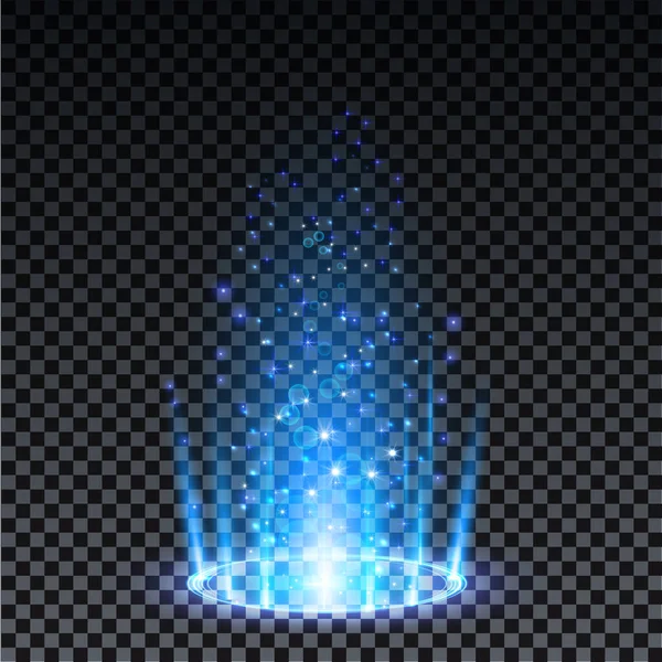 Portal holograma azul. Portal de fantasía mágica. Círculo mágico teletransportando podio con efecto holograma. Rayos de brillo azul vectorial con chispas sobre fondo transparente. — Vector de stock