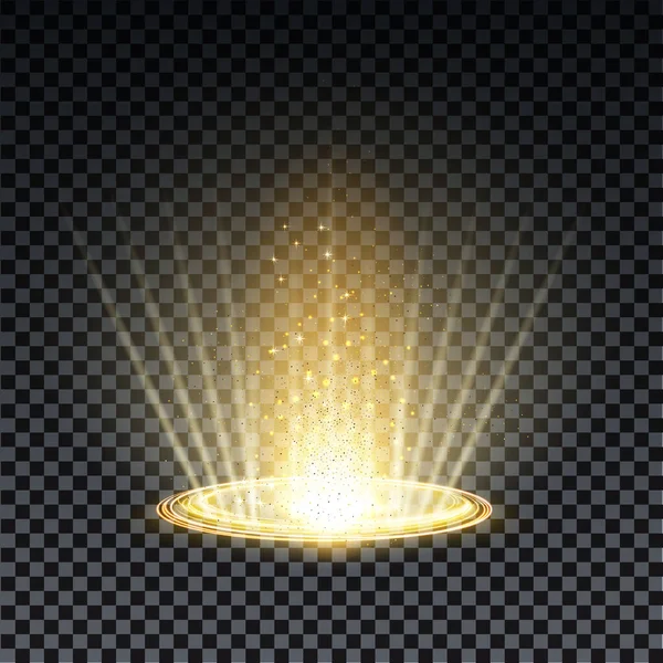 Altın hologram portalı. Sihirli fantezi kapısı. Hologram etkisi olan sihirli daire ışınlanma podyumu. Şeffaf arka planda kıvılcımları olan vektör altın ışınlar. — Stok Vektör