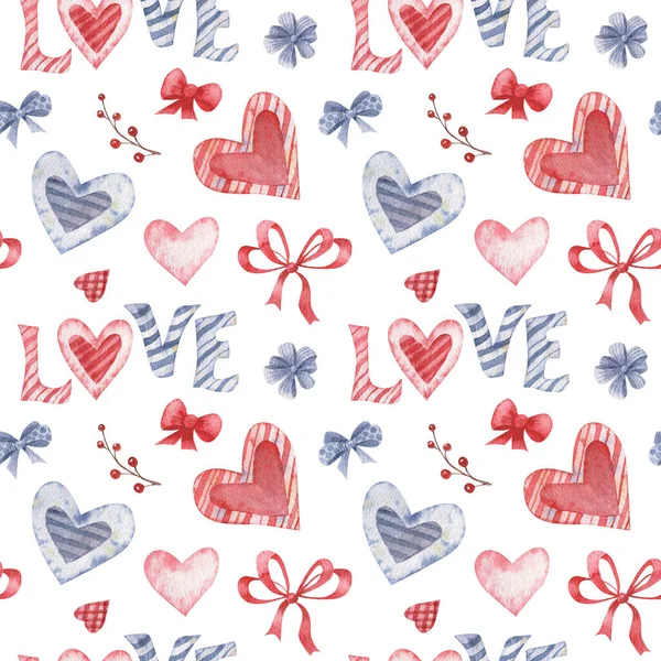 Patrón sin costuras de acuarela con corazones y amor por el día de San Valentín. Patrón de corazones y cintas para tarjetas de San Valentín, tarjetas de felicitación, regalos, camisetas, tazas, pegatinas, artesanías de scrapbooking y —  Fotos de Stock