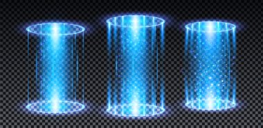 Blue hologram portal. Magic fantasy portal. Magic circle teleport podium with hologram effect. Vector blue glow rays with sparks on transparent background. clipart