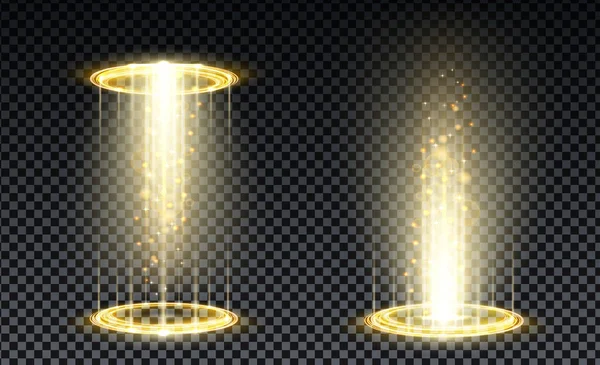 Portail de l'hologramme or. Portail magique. Cercle magique podium de téléportation avec effet hologramme. Rayons lumineux vectoriels dorés avec étincelles sur fond transparent. — Image vectorielle