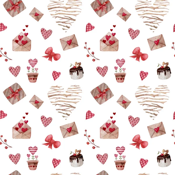 Watercolor seamless pattern with hearts and decorations for Valentines day. Hearts and ribbons pattern for Valentines day cards, greeting cards, gifts, t-shirts, mugs, stickers, scrapbooking crafts — Stock Photo, Image