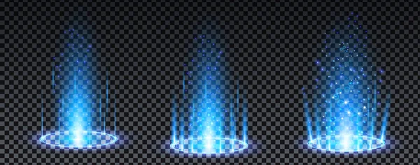 Portal holograma azul. Portal de fantasía mágica. Círculo mágico teletransportando podio con efecto holograma. Rayos de brillo azul vectorial con chispas sobre fondo transparente. — Vector de stock