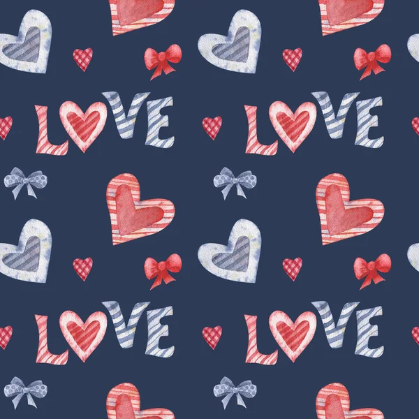 Akvarel bezešvný vzor se srdcem a láskou na Valentýna. Srdce a stuhy vzor pro Valentines pohlednice, blahopřání, dárky, trička, hrnky, samolepky, scrapbooking řemesla a — Stock fotografie