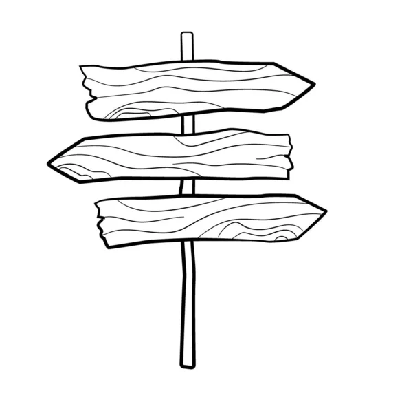 나무 표시기의 두들 스케치. 시인. 방향 지시. 나무로 된 도로변에는 나무로 된 표지판이 있습니다. 보드 화살 물체와 나무 널빤지 광고판 삽화. — 스톡 벡터