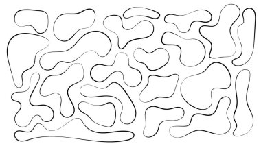 Düzensiz kütle, soyut organik şekiller. Soyut düzensiz rastgele damlalar. Basit bir sıvı biçimsiz leke. Sunumlar, afişler, posterler ve el ilanları için son moda minimal tasarımlar.