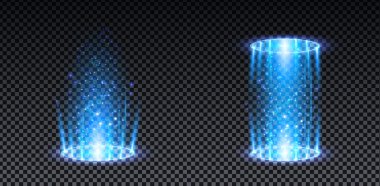 Blue hologram portal. Magic fantasy portal. Magic circle teleport podium with hologram effect. Vector blue glow rays with sparks on transparent background. clipart