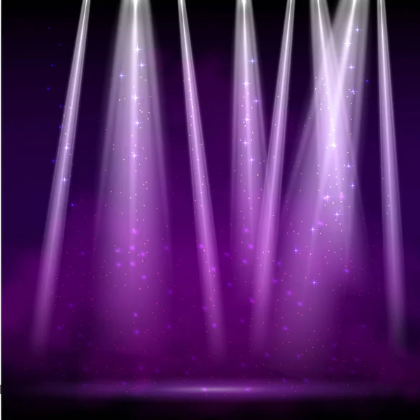 Proyector púrpura. Iluminación brillante con focos del escenario con ducto púrpura sobre fondo transparente. — Vector de stock