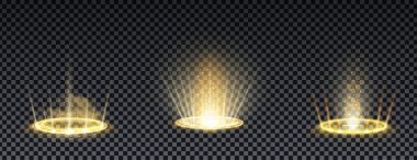Altın hologram portalı. Sihirli fantezi kapısı. Hologram etkisi olan sihirli daire ışınlanma podyumu. Şeffaf arka planda kıvılcımları olan vektör altın ışınlar.