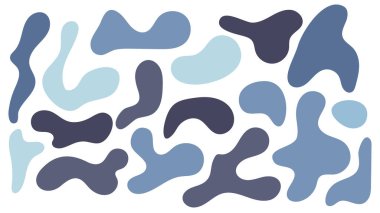 Mavi düzensiz küme, soyut organik şekiller. Soyut düzensiz rastgele damlalar. Basit bir sıvı biçimsiz leke. Sunumlar, afişler, posterler ve el ilanları için son moda minimal tasarımlar.