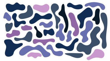 Düzensiz kütle, soyut organik şekiller. Soyut, düzensiz, mor ve mavi lekeler. Basit bir sıvı biçimsiz leke. Sunumlar, afişler, posterler ve el ilanları için son moda minimal tasarımlar.