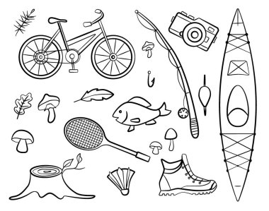 Bir karalama ormanı kamp tasarımı seti. El çizimi yürüyüş ve kamp karalamaları. Spor ve balıkçılık malzemeleri, yaz kampı broşürleri ve posterleri için mükemmel..