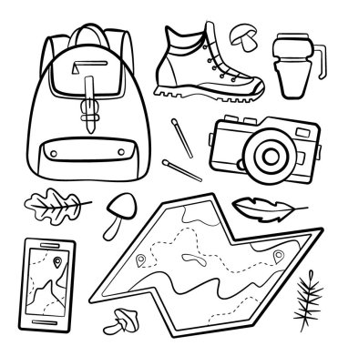 Bir karalama ormanı kamp tasarımı seti. El çizimi yürüyüş ve kamp karalamaları yaz kampı broşürleri ve posterleri için mükemmel..