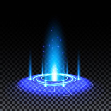 Mavi hologram portalı. Sihirli fantezi kapısı. Hologram etkisi olan sihirli daire ışınlanma podyumu. Şeffaf arkaplanda kıvılcımlar olan vektör mavi ışınlar.