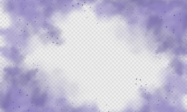 Mor toz ya da sis. Parçacıklarla soyut mor toz patlaması. Hafif şeffaf arkaplanda mor duman ya da toz izole edilmiş. Soyut mistik gaz. Vektör illüstrasyonu.