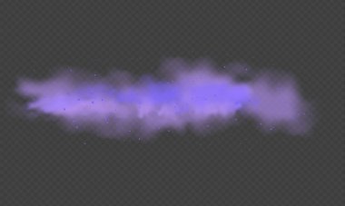 Mor sis ya da duman. Mor toz ve parçacıklar. Şeffaf arkaplanda mor duman ya da toz izole edilmiş. Soyut mistik gaz. Vektör illüstrasyonu.