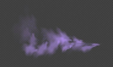 Mor sis ya da duman. Mor toz ve parçacıklar. Şeffaf arkaplanda mor duman ya da toz izole edilmiş. Soyut mistik gaz. Vektör illüstrasyonu.