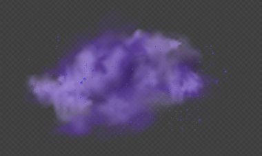 Mor toz. Mor parçacıklar ile soyut bulanık duman. Şeffaf arkaplanda mor duman ya da toz izole edilmiş. Soyut mistik gaz. Vektör illüstrasyonu.