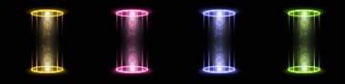 Renkli hologram portalları ayarlandı. Sihirli fantezi kapısı. Hologram etkisi olan sihirli daire ışınlanma podyumu. Siyah arkaplanda kıvılcımlar olan vektör renkli ışınlar.