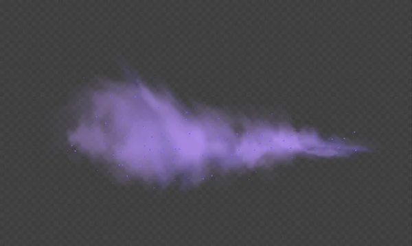 Nevoeiro roxo ou fumo.Pó roxo com partículas. Fumaça violeta ou poeira isolada em fundo transparente. Abstrato gás místico. Ilustração vetorial. —  Vetores de Stock