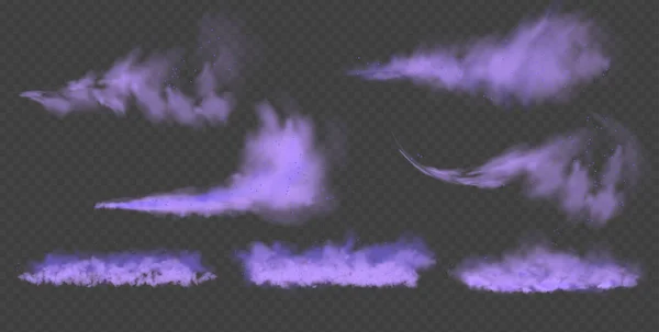 Brouillard violet ou fumée.Poussière violette avec particules. Fumée violette ou poussière isolée sur fond transparent. Gaz mystique abstrait. Illustration vectorielle. — Image vectorielle