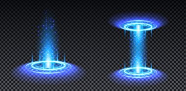 Mavi hologram portalı kuruldu. Sihirli fantezi kapısı. Hologram etkisi olan sihirli daire ışınlanma podyumu. Şeffaf arkaplanda kıvılcımlar olan vektör mavi ışınlar.
