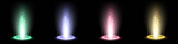 Color hologram portals set. Magic fantasy portal. Magic circle teleport podium with hologram effect. Vector colorful glow rays with sparks on black background. — Stock Vector