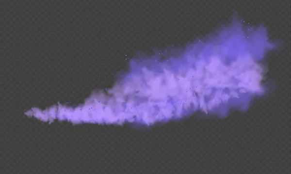 Niebla morada o humo. Polvo morado con partículas. Humo violeta o polvo aislado sobre fondo transparente. Gas místico abstracto. Ilustración vectorial. — Vector de stock