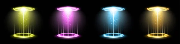 Color hologram portals set. Magic fantasy portal. Magic circle teleport podium with hologram effect. Vector colorful glow rays with sparks on black background. — Stock Vector