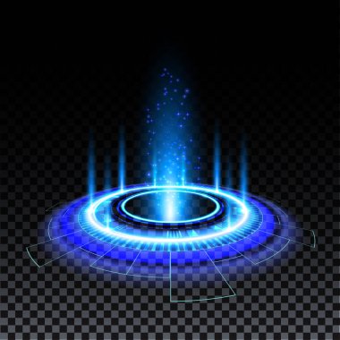 Mavi hologram portalı. Sihirli fantezi kapısı. Hologram etkisi olan sihirli daire ışınlanma podyumu. Şeffaf arkaplanda kıvılcımlar olan vektör mavi ışınlar.