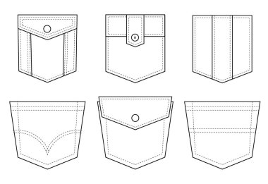 Yama cebi. Giysiler, elbiseler, gömlekler, sıradan kot pantolonlar için yama cepleri. Ayrı simgeler.