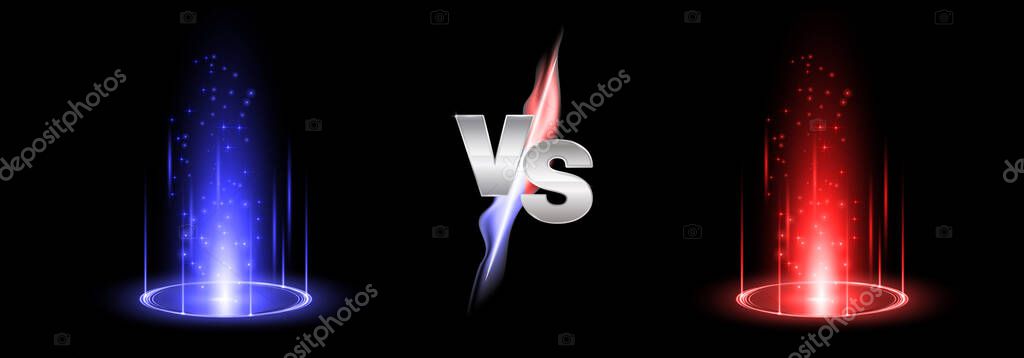Versus fire battle with hologram podium, magic portal. MMA concept - fight night, MMA, boxing, wrestling, Thai boxing. VS of metal letters with light fire and glow. Versus battle vector