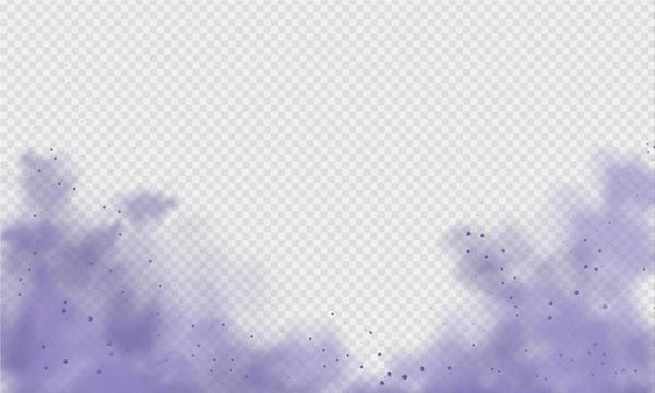 Poussière violette ou brouillard. Explosion abstraite de poudre violette avec particules. Fumée violette ou poussière isolée sur fond transparent clair. Gaz mystique abstrait. Illustration vectorielle. — Image vectorielle