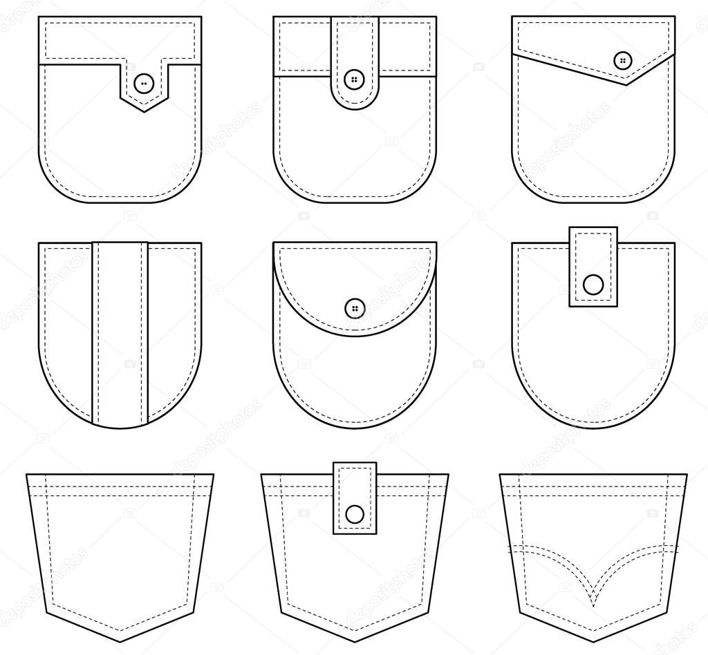 Patch pocket. Set of uniform patch pockets shapes for clothes, dress, shirt, casual denim style. Isolated icons.