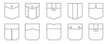 Yama cebi. Giysiler, elbiseler, gömlekler, sıradan kot pantolonlar için yama cepleri. Ayrı simgeler.