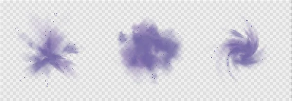 Pó roxo ou nevoeiro. Explosão de pó roxo abstrato com partículas. Fumaça violeta ou poeira isolada em fundo transparente claro. Abstrato gás místico. Ilustração vetorial. — Vetor de Stock