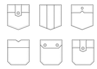 Yama cebi. Giysiler, elbiseler, gömlekler, sıradan kot pantolonlar için yama cepleri. Ayrı simgeler.