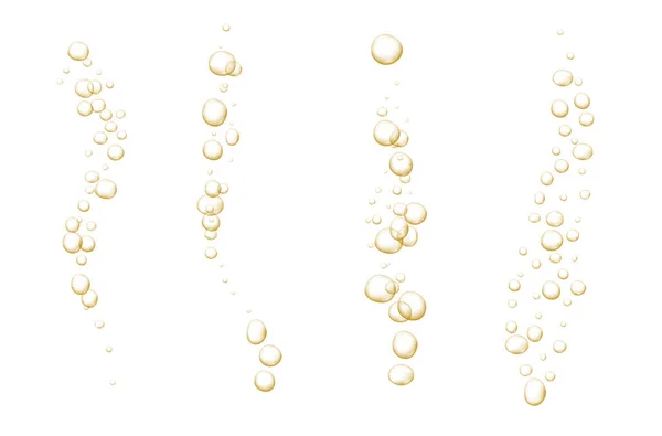 Gold sprudelt vor Blasen. Funkelt Champagner. Schwungvoller Pop und sprudelnder Drink. Abstraktes frisches Soda und Luftblasen, Sauerstoff, Champagnerkristall. Vektor-Illustration auf schwarzem transparentem Hintergrund. — Stockvektor