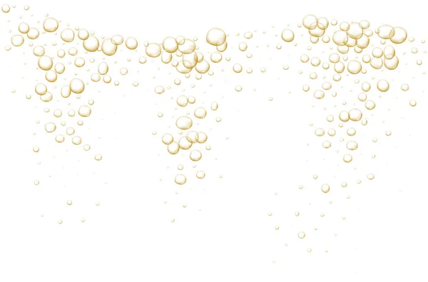 Altın köpükler. Parıltılı şampanya. Fizzy pop ve coşkulu içki. Soyut taze soda, hava kabarcıkları, oksijen, şampanya kristali. Siyah şeffaf arkaplanda vektör illüstrasyonu.