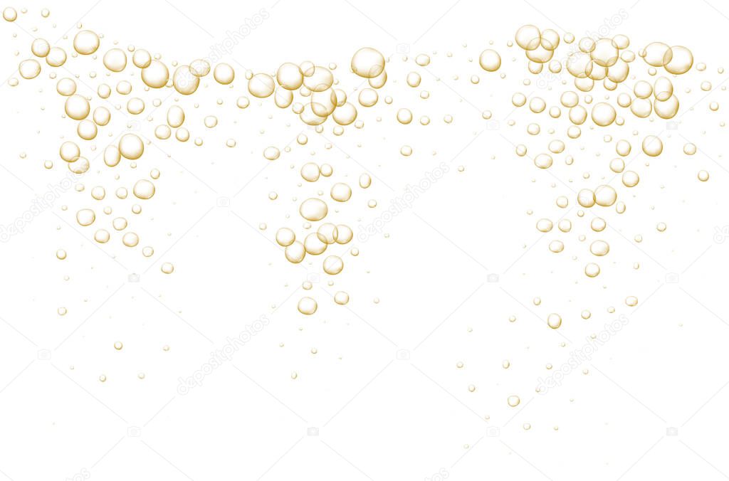 Gold fizzy bubbles. Sparkles champagne. Fizzy pop and effervescent drink. Abstract fresh soda and air bubbles, oxygen, champagne crystal. Vector illustration on black transparent background.