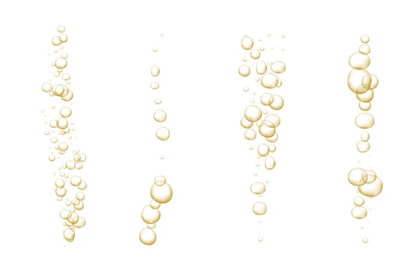 Gold sprudelt vor Blasen. Funkelt Champagner. Schwungvoller Pop und sprudelnder Drink. Abstraktes frisches Soda und Luftblasen, Sauerstoff, Champagnerkristall. Vektor-Illustration auf schwarzem transparentem Hintergrund. — Stockvektor