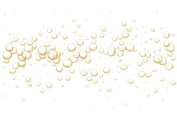 Gold fizzy bubbles. Sparkles champagne. Fizzy pop and effervescent drink. Abstract fresh soda and air bubbles, oxygen, champagne crystal. Vector illustration on black transparent background. — Stock Vector